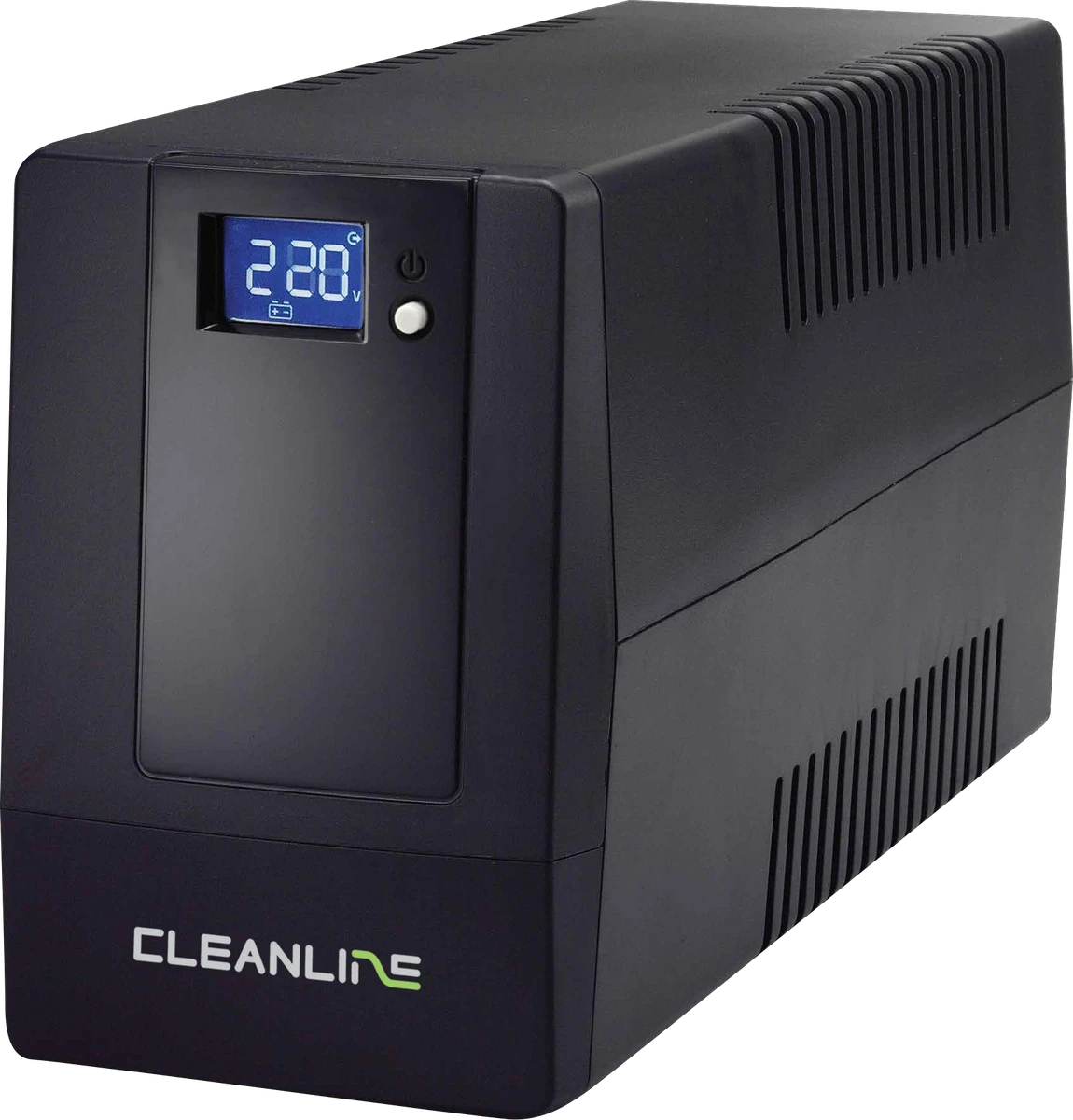 เครื่องสำรองไฟ CLEANLINE CL Series สีดำ พร้อมจอ LCD สีน้ำเงินและโลโก้ CLEANLINE ด้านหน้า