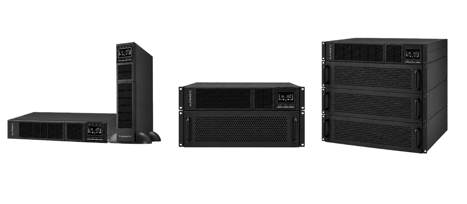 ภาพรวมเครื่องสำรองไฟ CLEANLINE แบบ Rack Mount พร้อมชุดแบตเตอรี่และรูปแบบติดตั้งแนวตั้ง