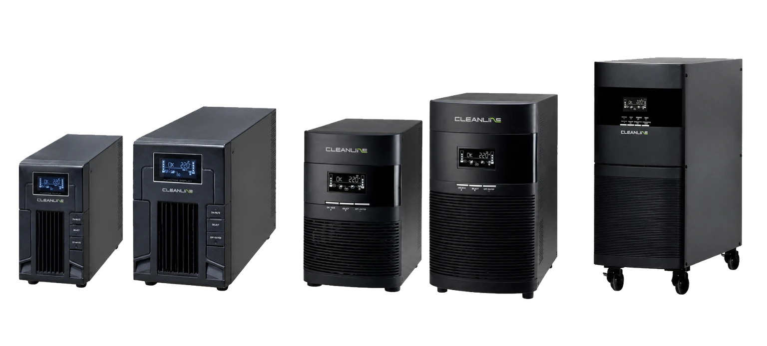 ภาพรวมเครื่องสำรองไฟ CLEANLINE แบบ Tower หลายขนาด ตั้งแต่รุ่นตั้งโต๊ะถึงรุ่นตั้งพื้นมีล้อ